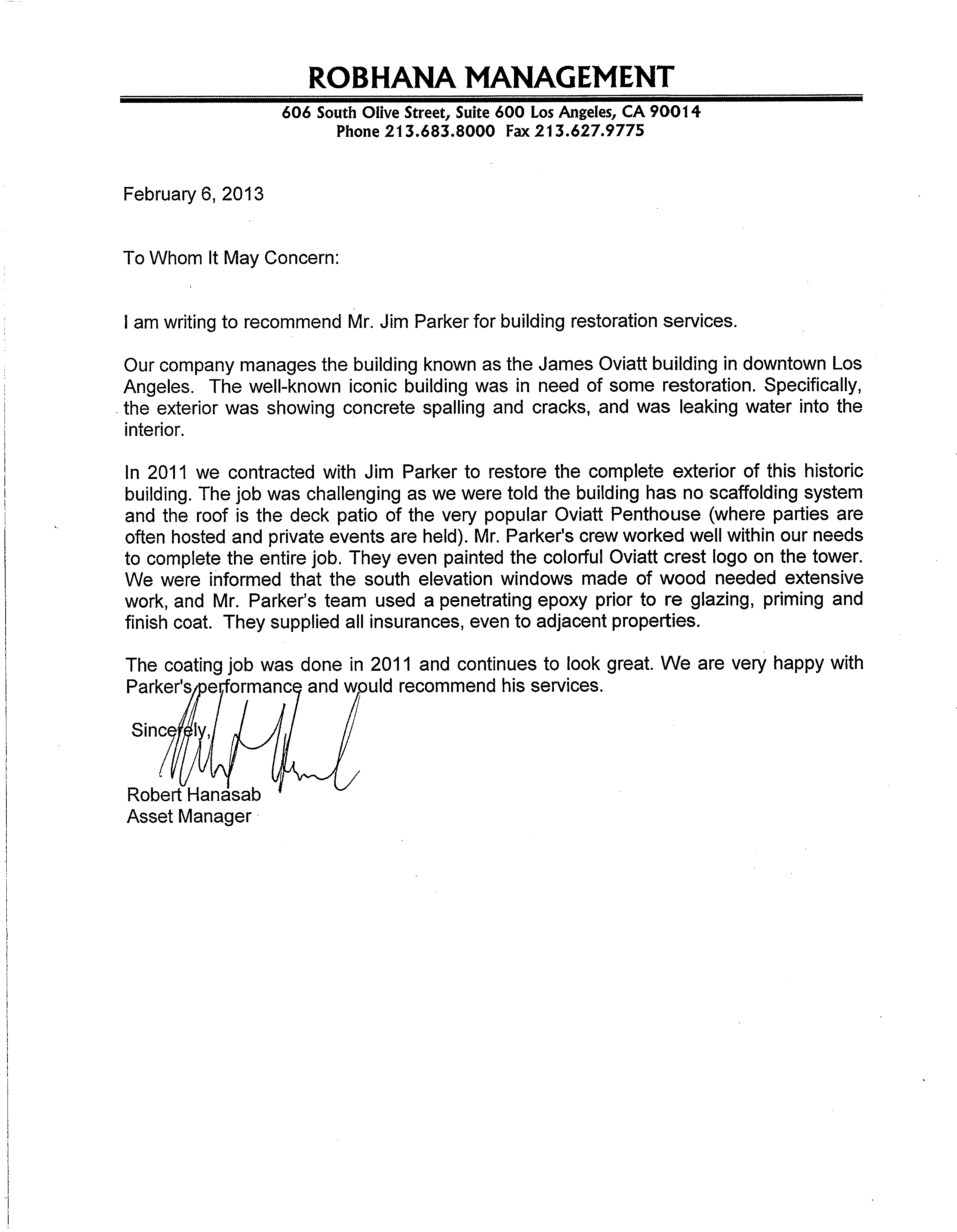 Robhana Management Jim Parker Painting reference letter Jim Parker