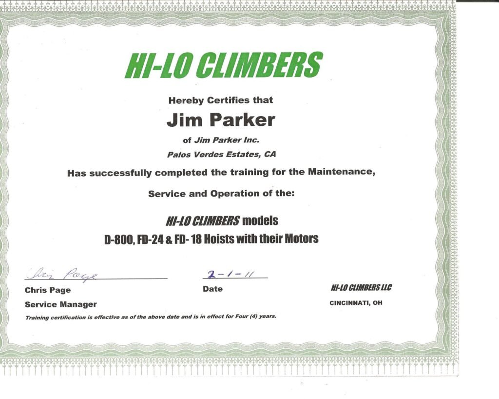 Hi-Lo Climbers certificate