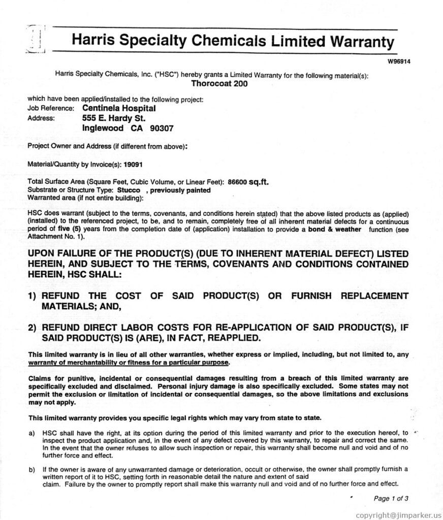 Centinela Hospital Written Labor and Material Warranties