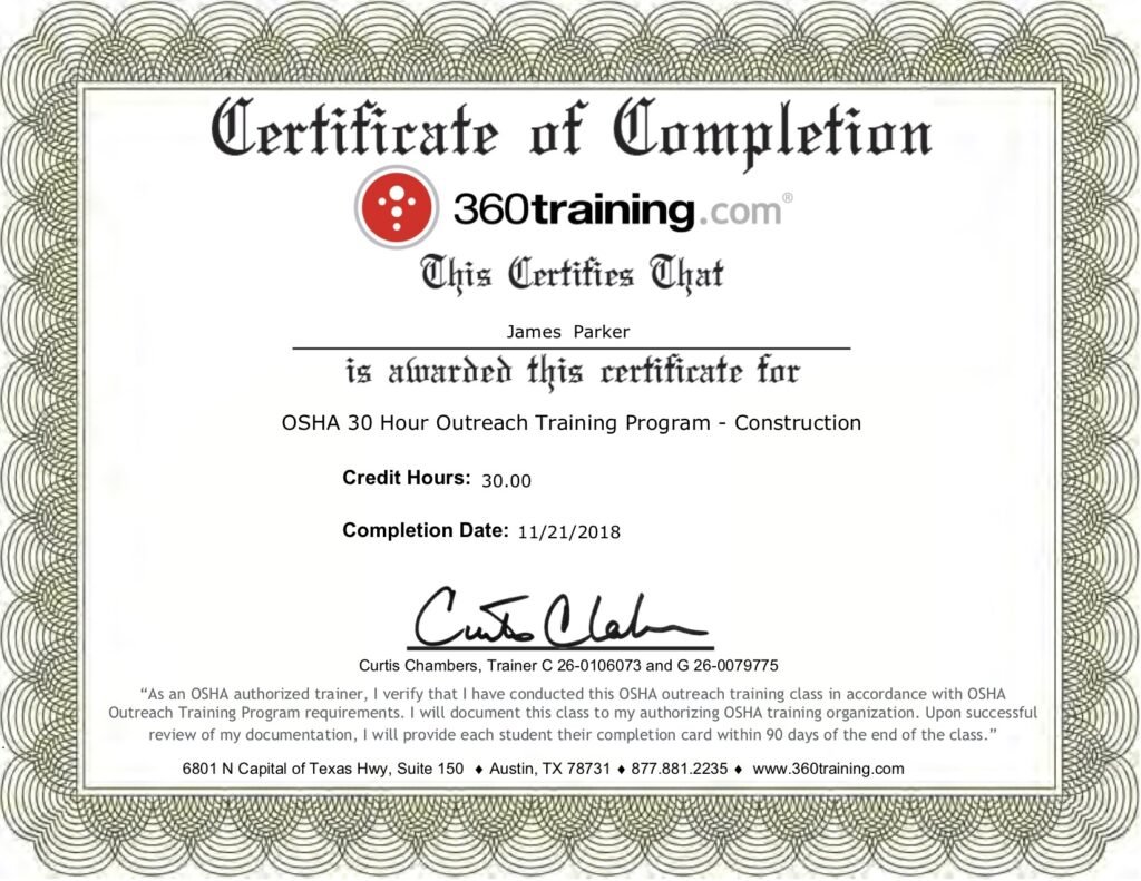 OSHA 30 Hour Construction Industry Outreach training certificate